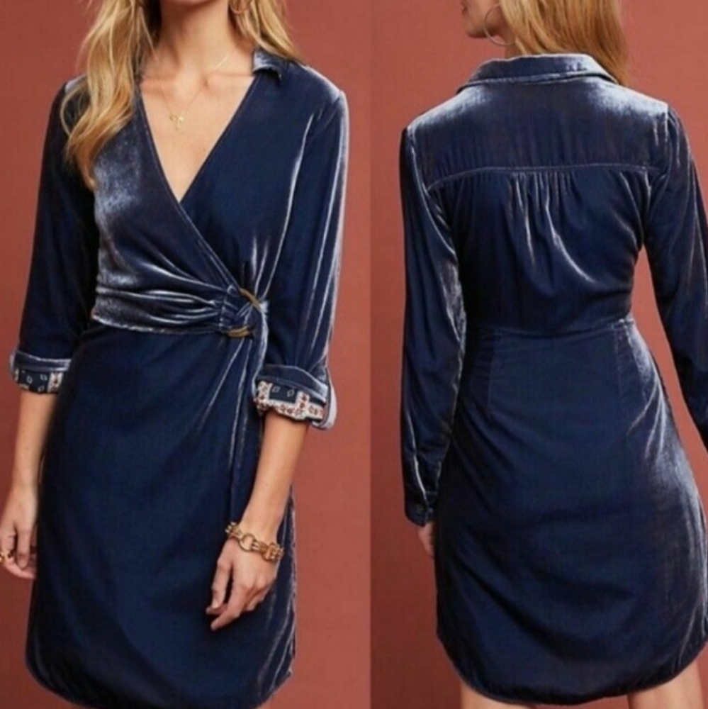 Anthropologie Maeve blue velvet shirt dress NWT 0 - Picture 7 of 8